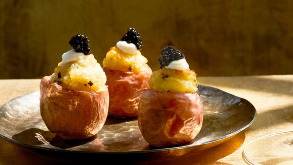"Twice-baked" baby potatoes with caviar