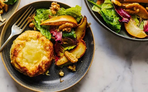 Twice baked blue cheese soufflé with pear and walnut salad