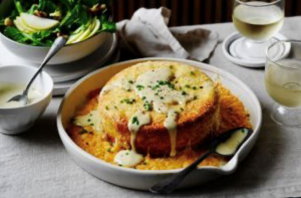 Twice-baked cheese souffle with pear, walnut and baby rocket salad