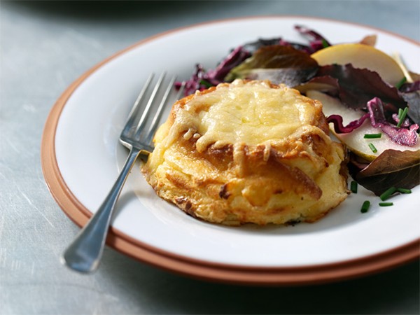 Twice-baked cheese soufflés with pear & red leaf salad
