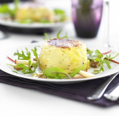 Twice-baked cheese soufflés with apple & walnut salad