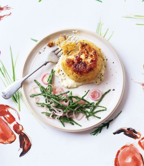 Twice-baked crab and chive soufflés with quick-pickled samphire
