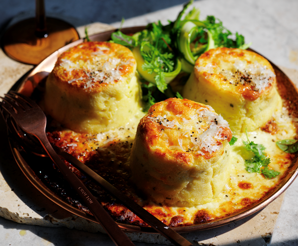 Twice-baked goat's cheese, Manchego, and chive soufflé