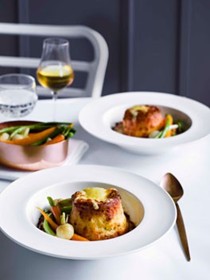 Twice-baked Gruyère soufflés with baby vegetables
