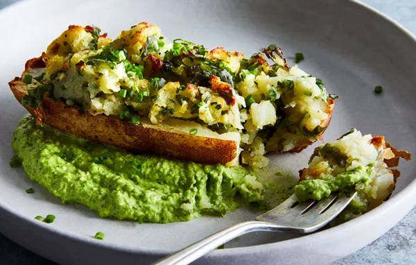Twice-baked potatoes with creamy chive pesto 