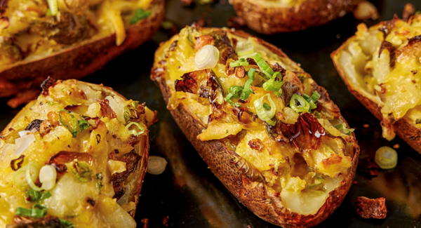 Twice-baked potatoes with roasted Brussels sprouts and Gouda