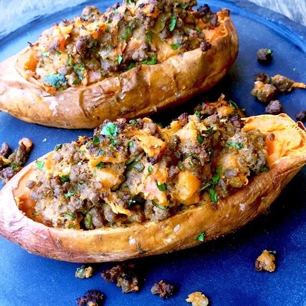 Twice baked sweet potatoes loaded with spiced lamb