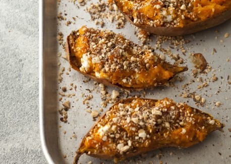 Twice-baked sweet potatoes with dukka