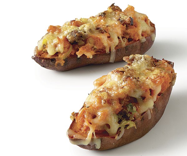 Twice-baked sweet potatoes with leeks and sausage