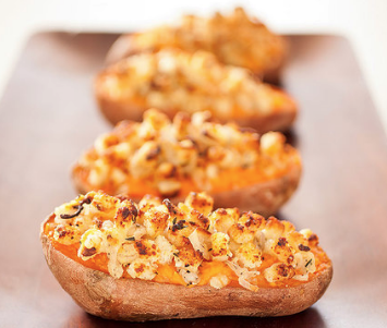 Twice-baked sweet potatoes with shallot and Parmesan topping