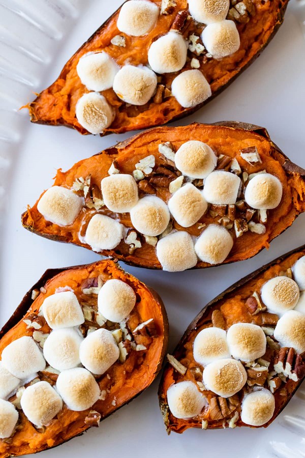 Twice baked sweet potatoes with marshmallows 