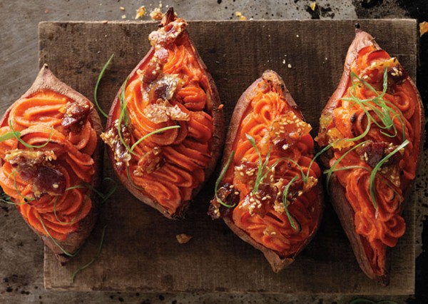 Twice-baked sweet potatoes with bacon-sesame brittle