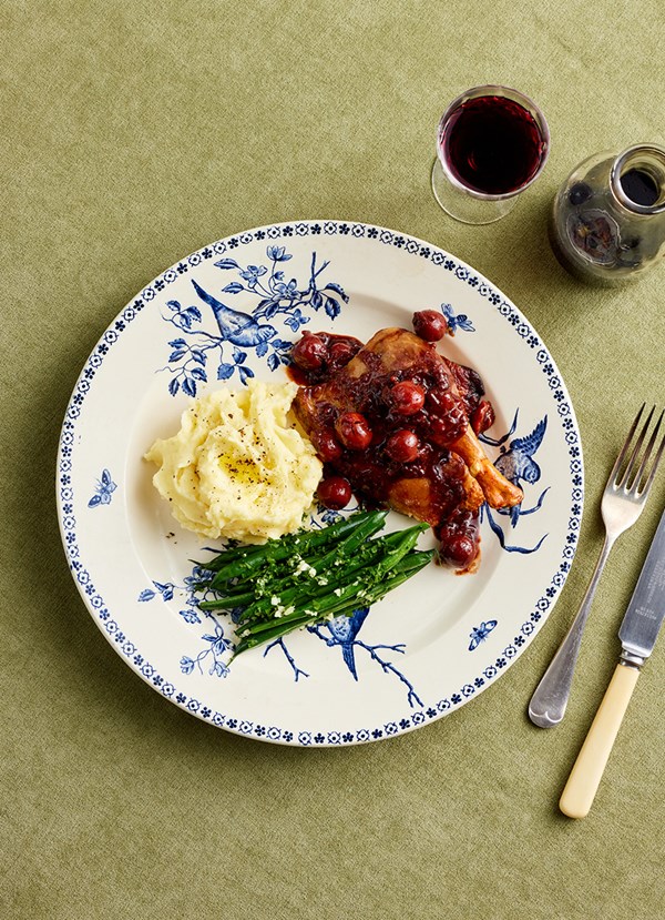 Twice-cooked duck with cherry and red wine sauce 