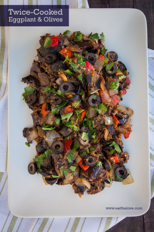 Twice-cooked eggplant and olives