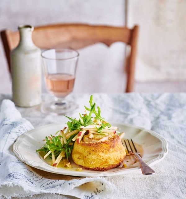 Twice-cooked goats' cheese soufflés with apple and walnut salad