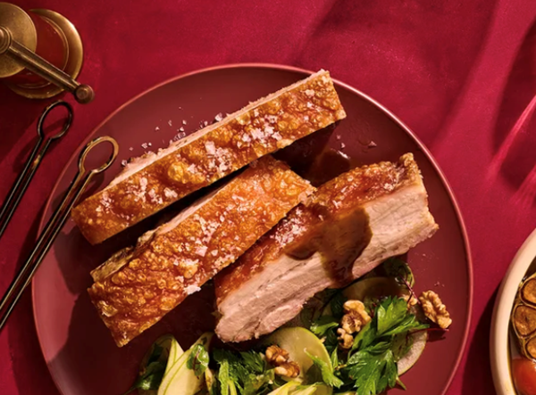 Twice-cooked pork belly with pickled apple salad and maple-glazed cabbage