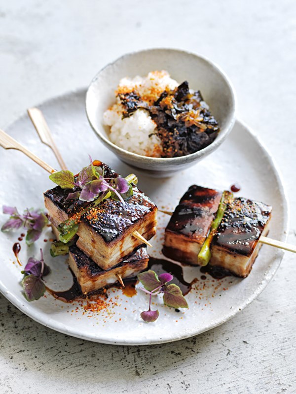 Twice cooked pork belly yakitori skewers with nori jam