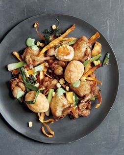 Twice-cooked sweet-chilli quail with deep-fried egg and sweetcorn