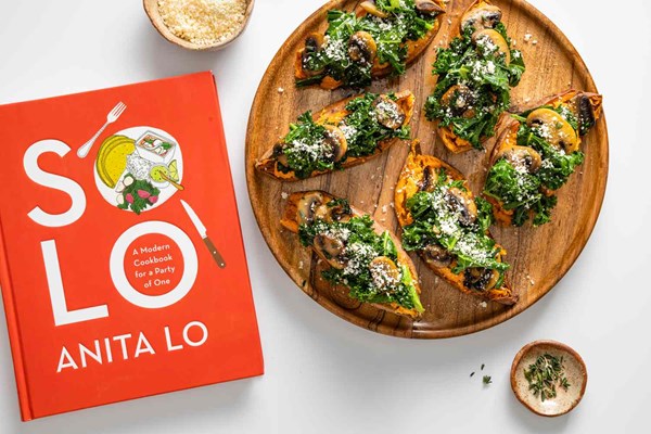 Twice-cooked sweet potatoes with kale, mushroom, and Parmesan 