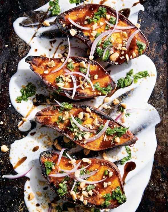 Twice-cooked sweet potatoes with cilantro & tamarind 