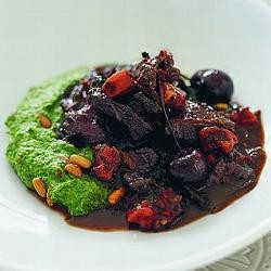 Twice-cooked wild duck with Brussels sprouts and pine nut purée and Pinot Noir cherries