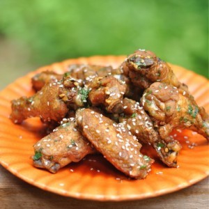 Twice-fried sesame wings with soy and cilantro