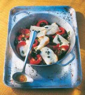 Twice-roasted red peppers with feta, capers & olives