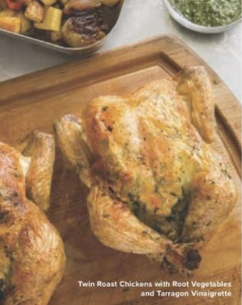 Twin roast chickens with root vegetables and tarragon vinaigrette