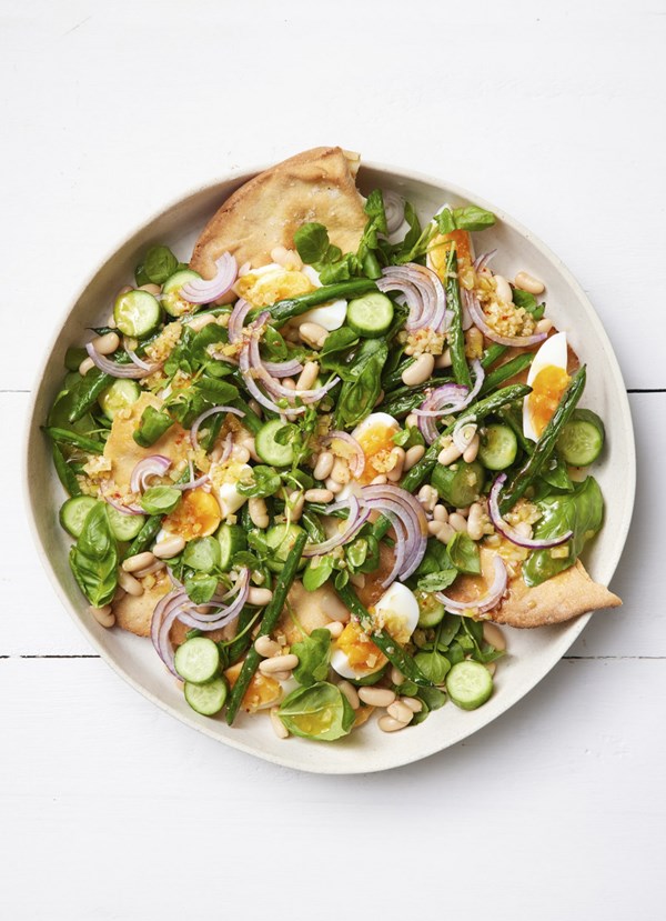 Two bean and crisp flatbread salad with soft eggs