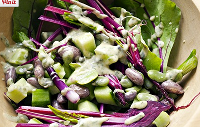Two-bean, beetroot leaf salad