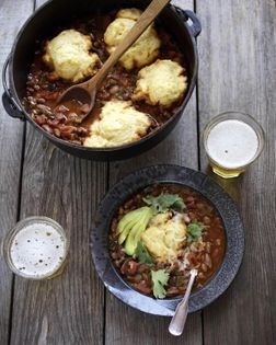 Two-bean chili with chipotle and corn bread dumplings