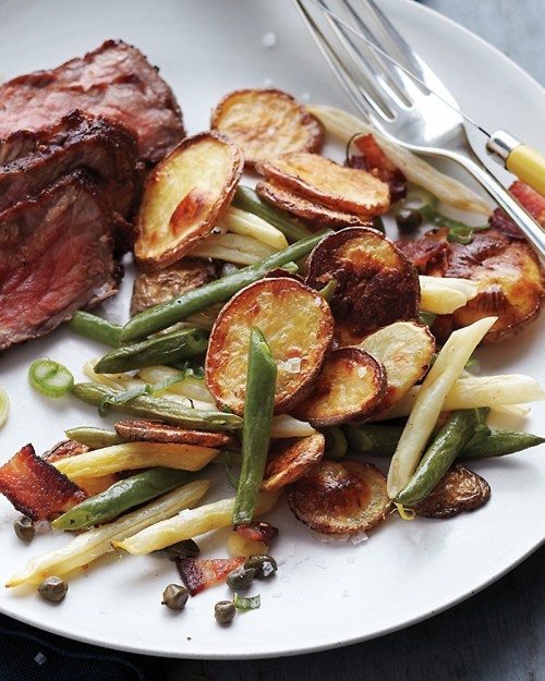 Two-bean salad with roasted potatoes and bacon