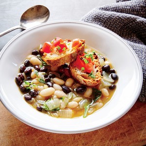 Two-bean soup with tomato-chive crostini