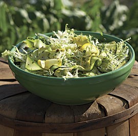 Two-color zucchini ribbons with mint and olive vinaigrette