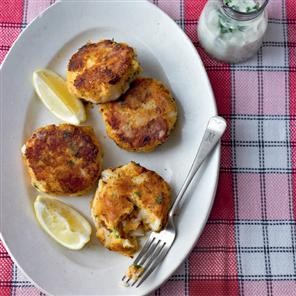 Two-potato fishcakes with parsley sauce
