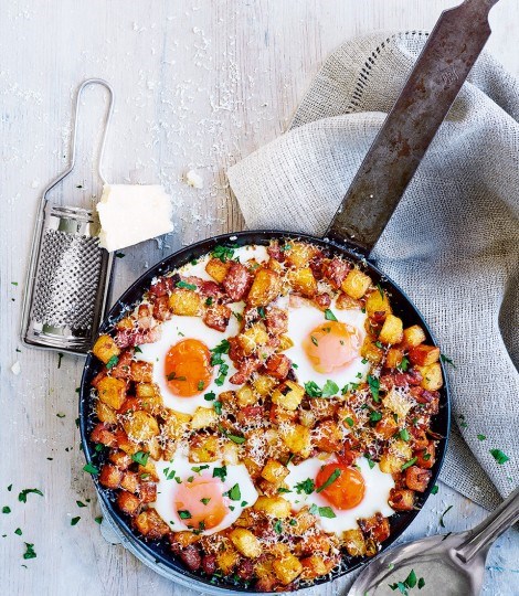 Two-potato, pancetta and Parmesan hash
