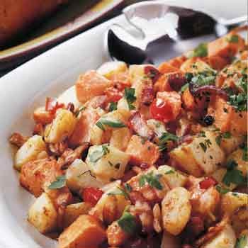 Two-potato sauté with bacon and cream