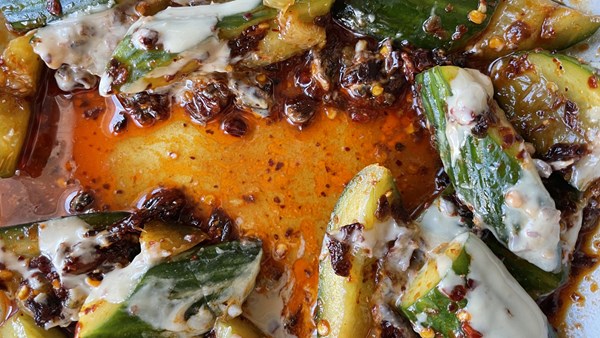 Two smacked cucumber salads: chilli crisp & tahini