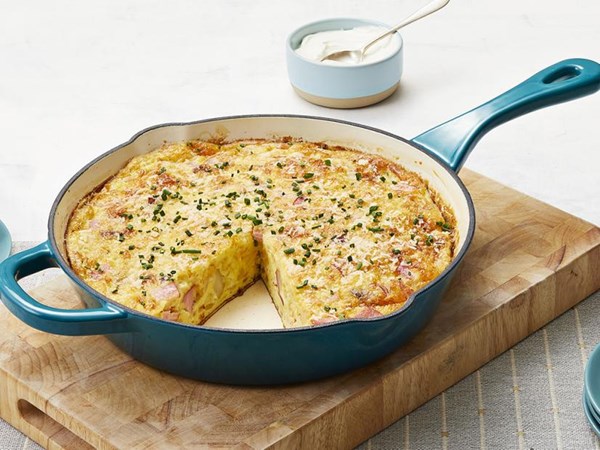Tyler Florence’s smoked ham, Gruyère and caramelized onion frittata 
