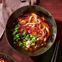 Udon in buttery tomato and soy broth