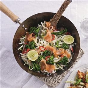 Udon noodle, tenderstem and smoked salmon stir-fry