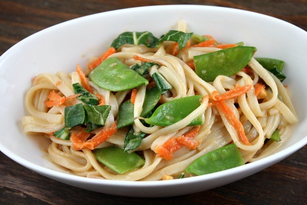 Udon noodles with Asian vegetables & peanut sauce
