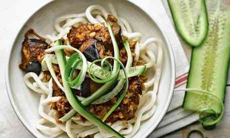 Udon noodles with fried aubergine, walnut and miso