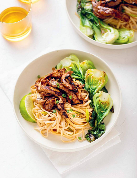 Udon stir-fry with pork and baby bok choy