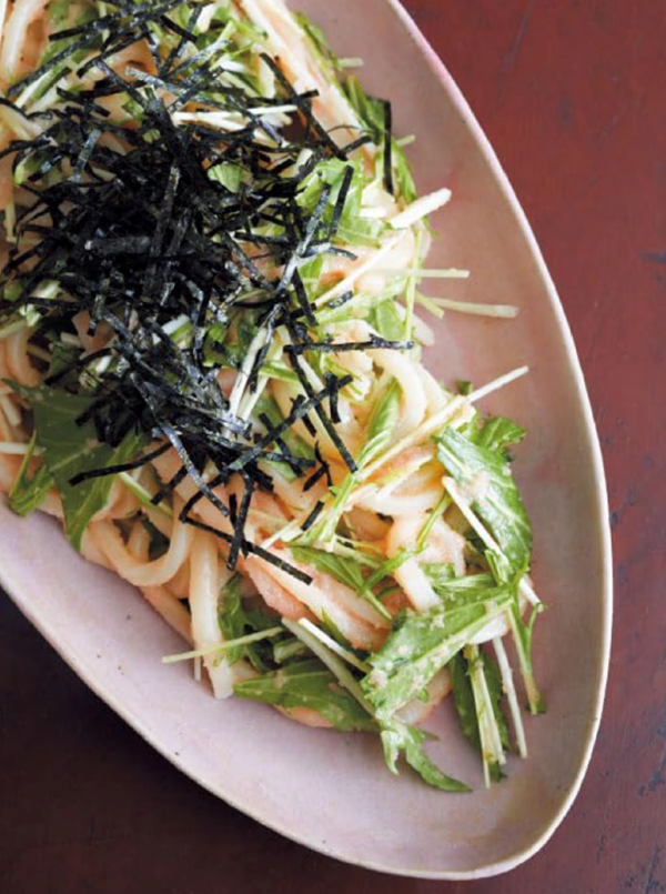 Udon with crisp greens, tarako butter & nori