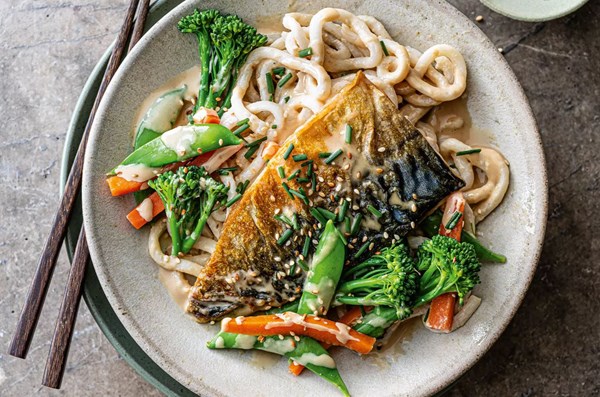 Udon with sesame dressing & crispy mackerel