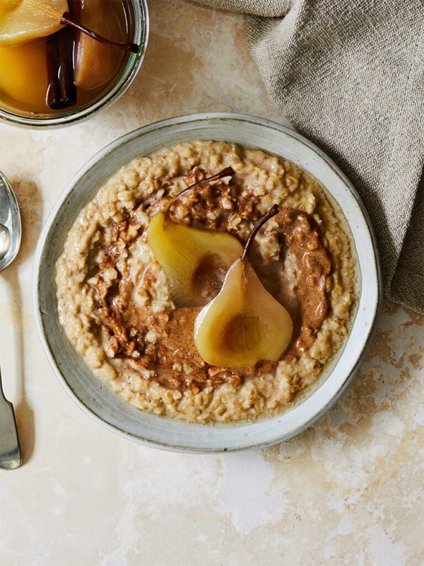 Ultimate porridge with preserved pears and almond butter