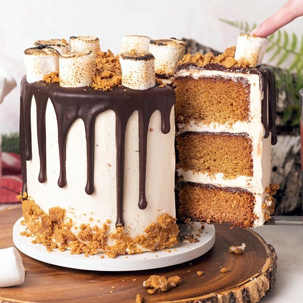 Ultimate s'mores cake with toasted marshmallow fluff frosting
