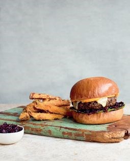 Ultimate veggie burgers with onion marmalade and harissa mayo
