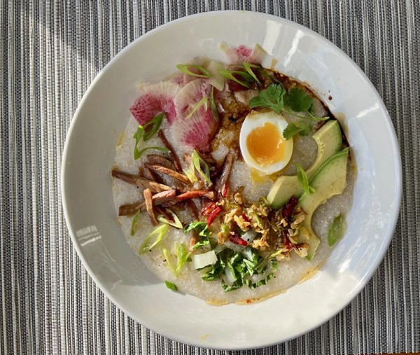 Unbelievably quick brown rice "jook" with garnishes galore